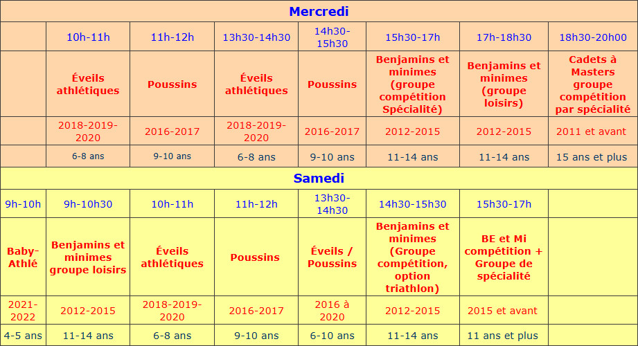 Entrainements Ecole d'Athle 2026-2027